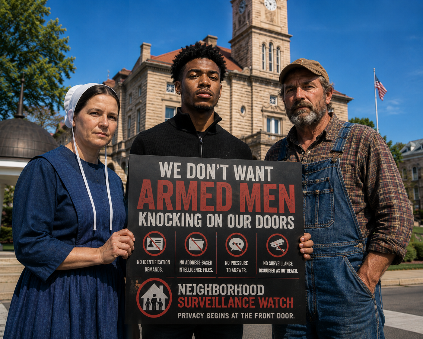 Community members hold a sign reading: We don't want armed men knocking on our doors. Neighborhood Surveillance Watch — Privacy begins at the front door.